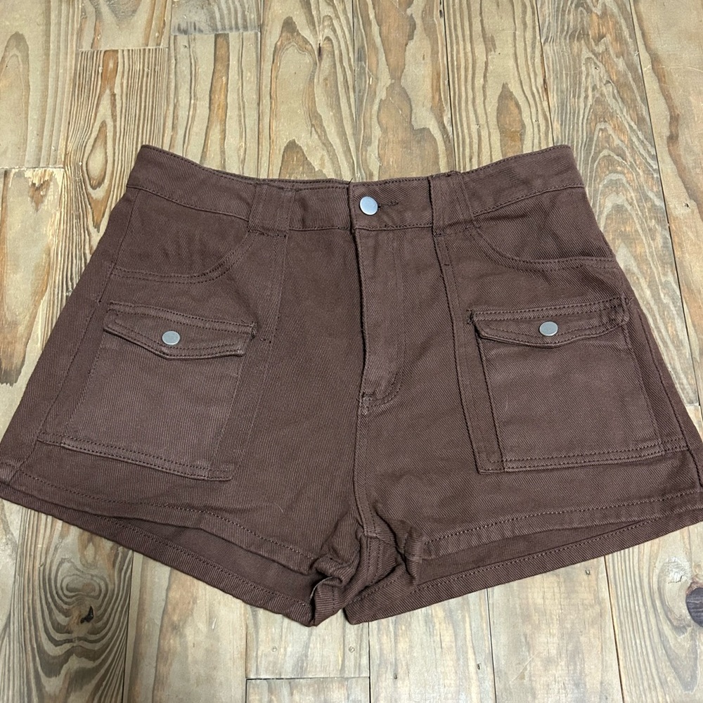 Dark Brown Cargo High Rise Jean Shorts in size L 40/42 8/10 Womens